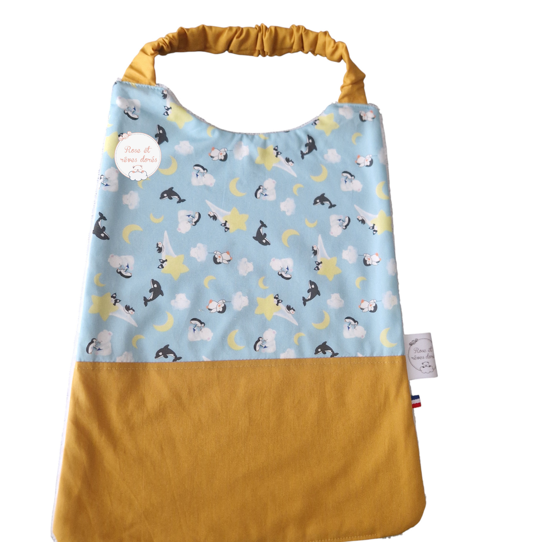 bavoir de cantine pour un repas autonome pour la maison ou l'école. Motif exclusif protégé Rose et rêves dorés